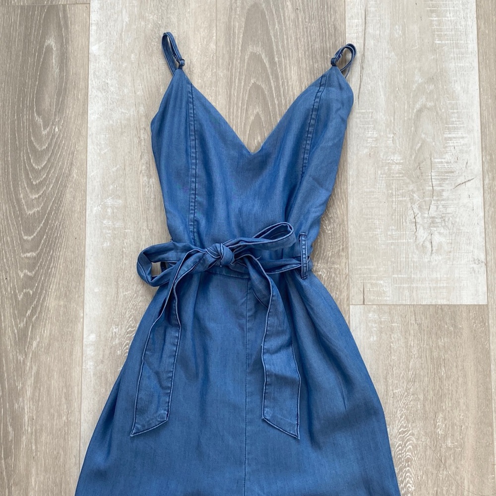 LuLus Denim Bell Bottom Jumpsuit